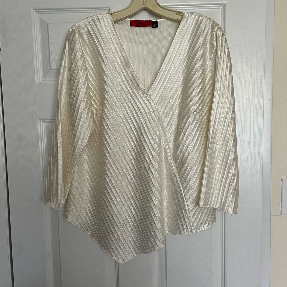 Cream Asymmetrical Ribbed Wrap Blouse